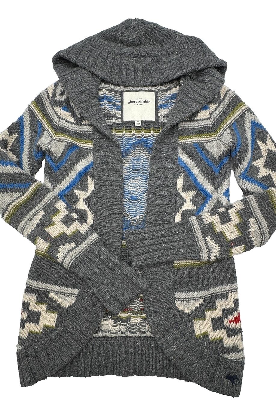 Abercrombie New York Cardigan Women M Hooded Fair Isle Wool Blend Sweater Gray